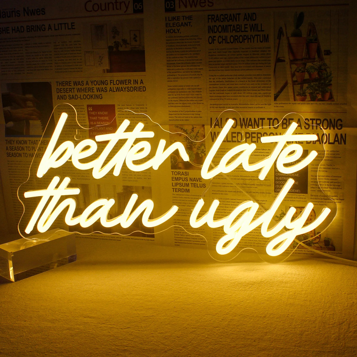 Ein leuchtendes LED-Neonschild mit dem Satz „Better Late Than Ugly“ in einer stilvollen handgeschriebenen Schreibschrift.