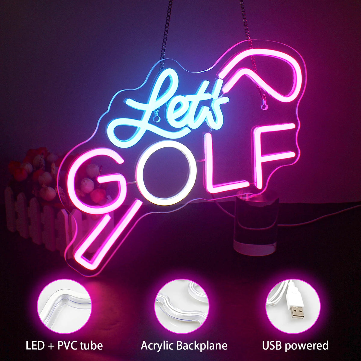 Let's GOLF – Golfschläger – LED-Neonschild (5 V USB)