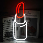Das Bild zeigt ein leuchtendes, handgefertigtes LED-Neonschild in Form eines Lippenstifts.