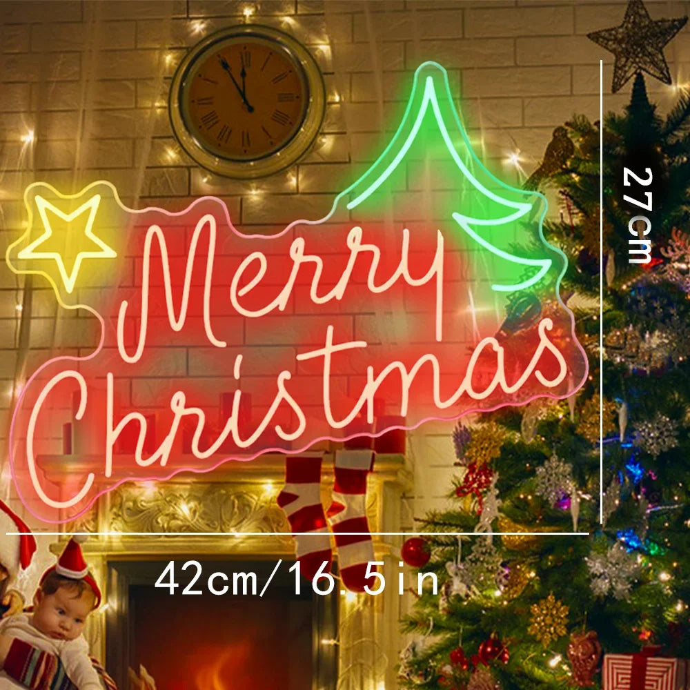 Merry Christmas – Stern und Weihnachtsbaum – LED-Neonschild (5 V USB)