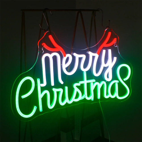 Merry Christmas – Grüne und rote Buchstaben mit Geweih – LED-Neonschild (5 V USB)