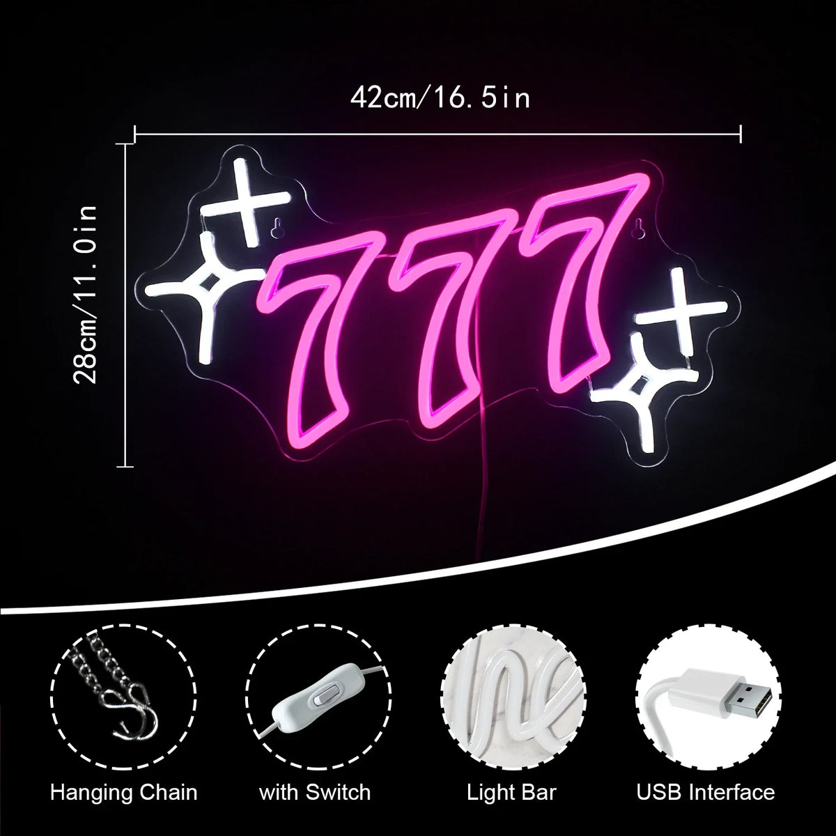777 – Glückszahl und Sterne – LED-Neonschild (5 V USB)