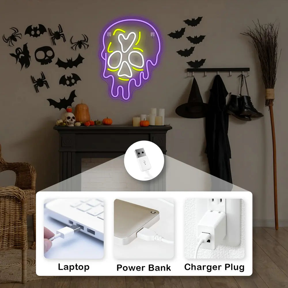 Lila Totenkopf mit Tropfeneffekt – LED-Neonschild (5 V USB)