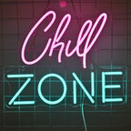 The image features a vibrant LED neon sign displaying the words "Chill Zone" in a stylish, cursive font.