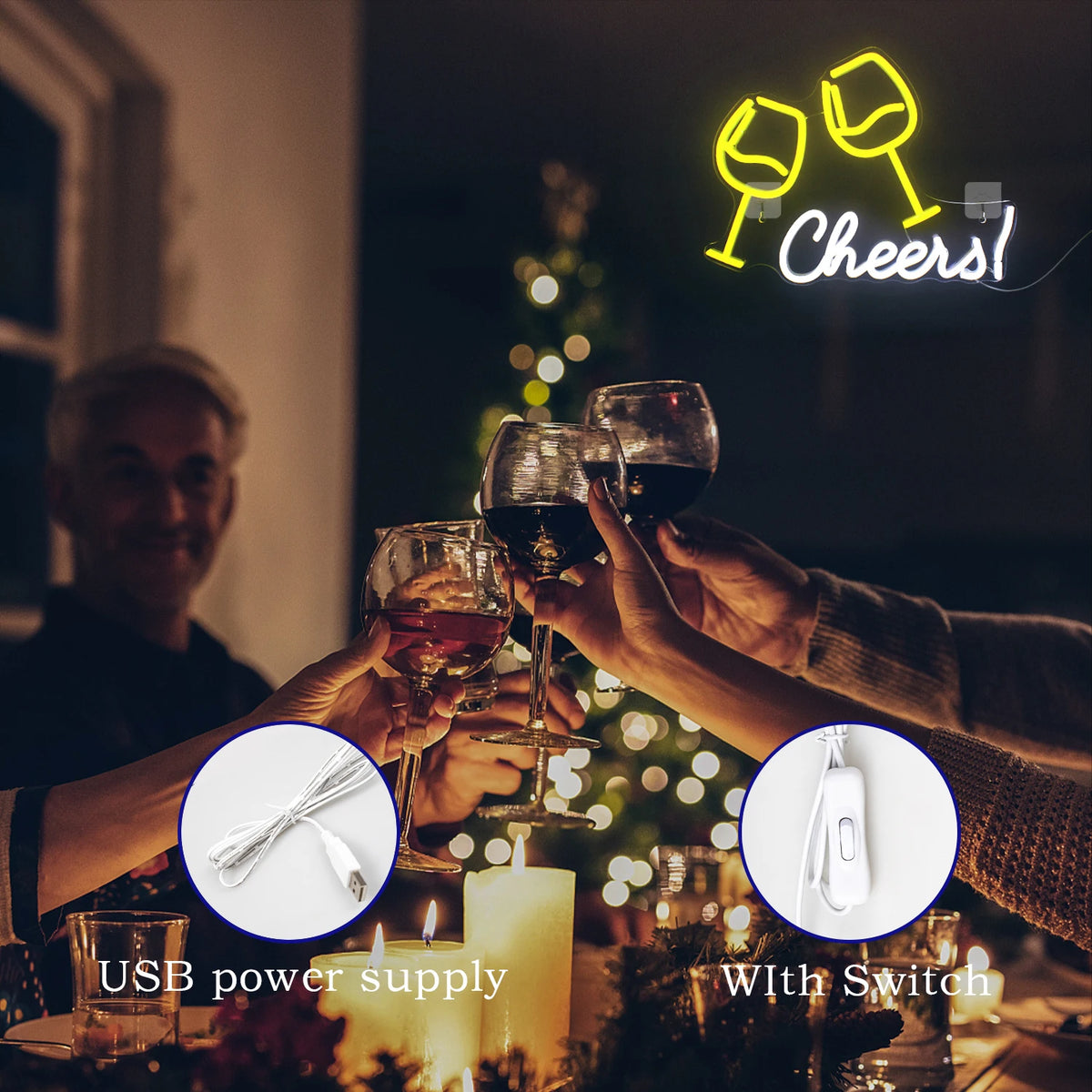 Cheers! – Anstoßende Weingläser – LED-Leuchtschild (5 V USB)