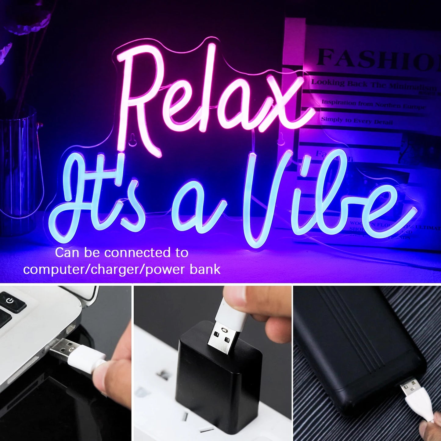 Relax It's a Vibe 5V Mini USB LED Neon Sign - Budget Friendly