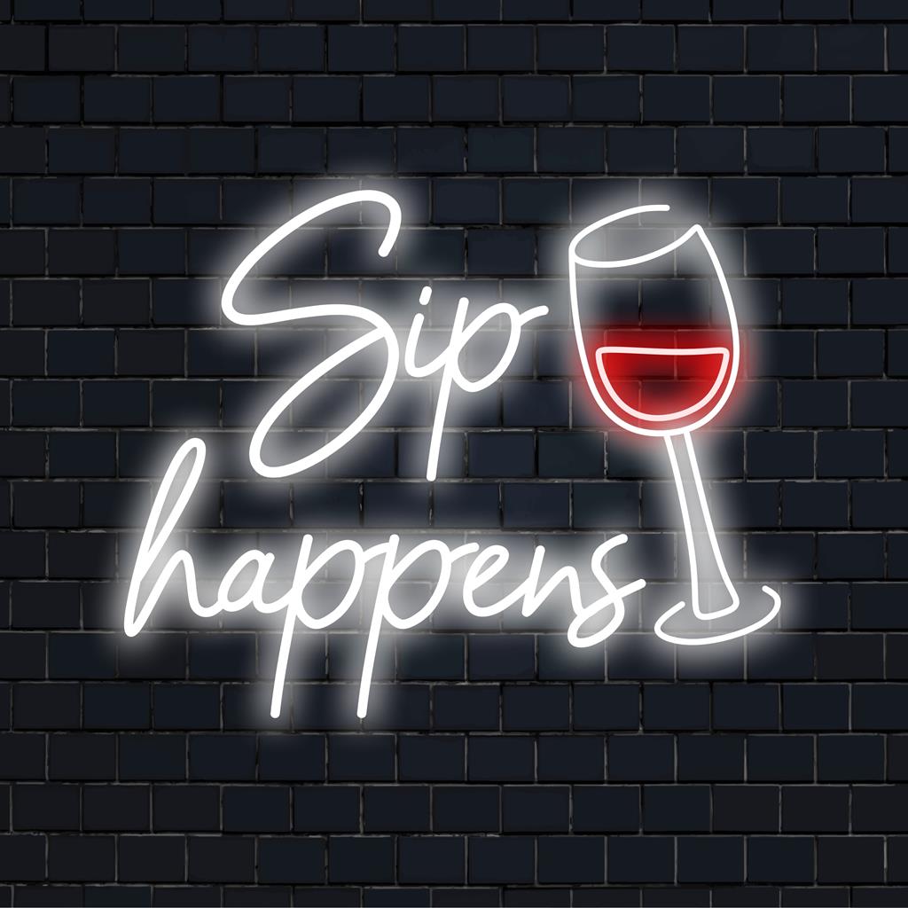 Custom LED neon sign Sip Happens, blending whimsy and charm; ideal neon light decor for any stylish space.