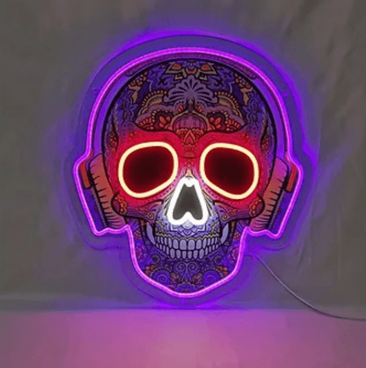 Totenkopf mit Kopfhörern LED-Neonschild mit UV-Druck