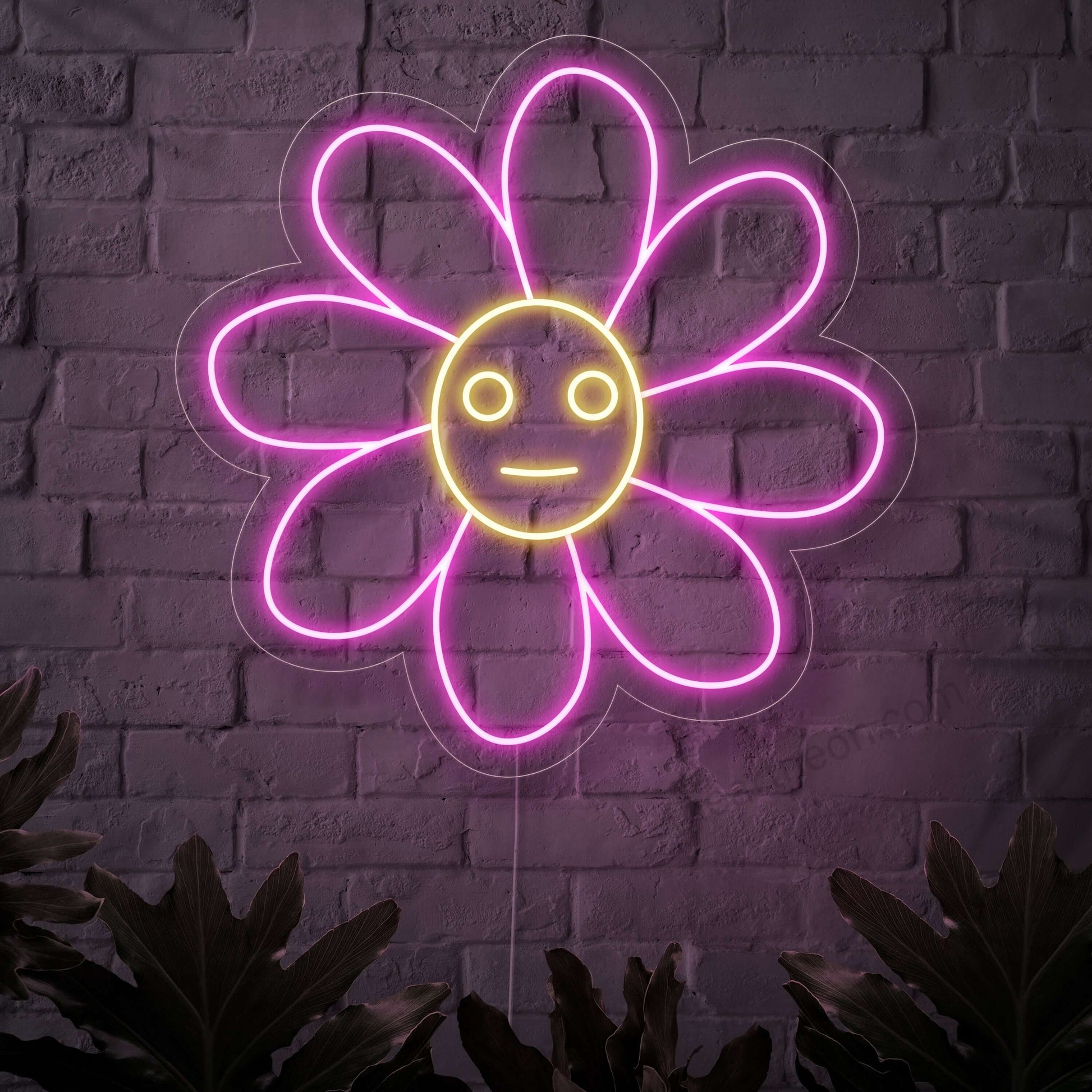 An illuminated neon sign featuring a cheerful smiling flower, bringing a touch of nature and floral charm to any space