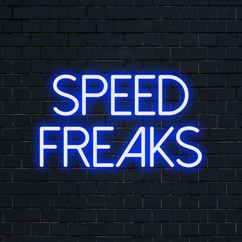 Custom LED neon sign of 'Speed Freaks' with dynamic lettering, perfect for modern decor and unique neon light art.