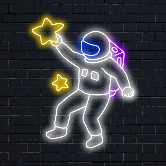 An illuminated neon sign featuring an astronaut holding a star, symbolizing the exploration and wonder of space