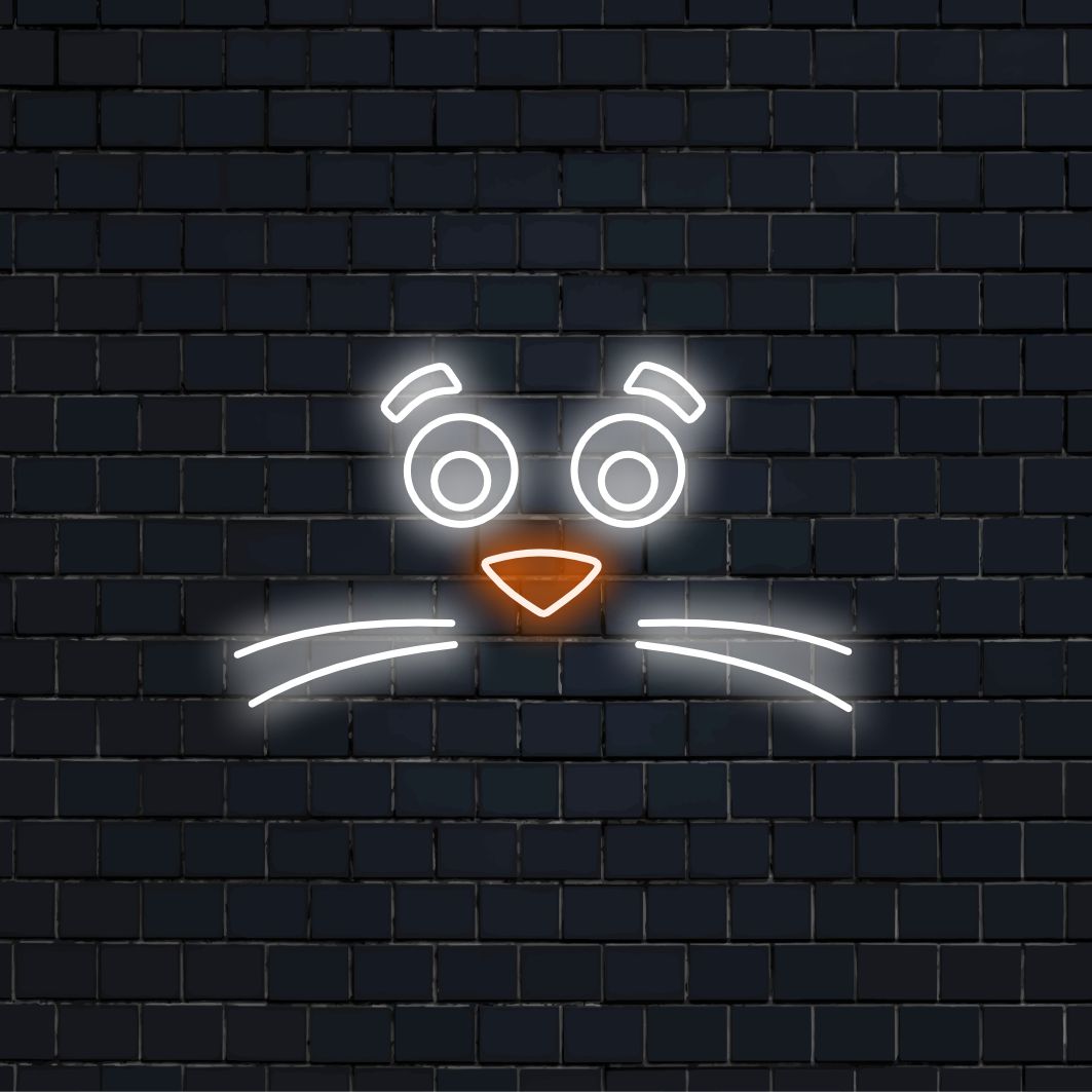 Das „Neonschild mit dem Tiergesicht und dem Schnurrbart“ sorgt mit seinem verspielten Design für eine skurrile Note und verbreitet einen eigenartigen Glanz, der Ihrem Raum Humor und Charakter verleiht.