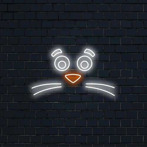 Das „Neonschild mit dem Tiergesicht und dem Schnurrbart“ sorgt mit seinem verspielten Design für eine skurrile Note und verbreitet einen eigenartigen Glanz, der Ihrem Raum Humor und Charakter verleiht.
