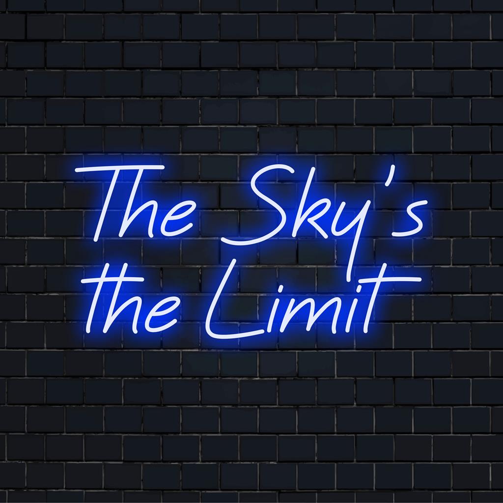 Illuminated custom LED neon sign with the phrase The Sky's The Limit, ideal for inspiring modern decor.