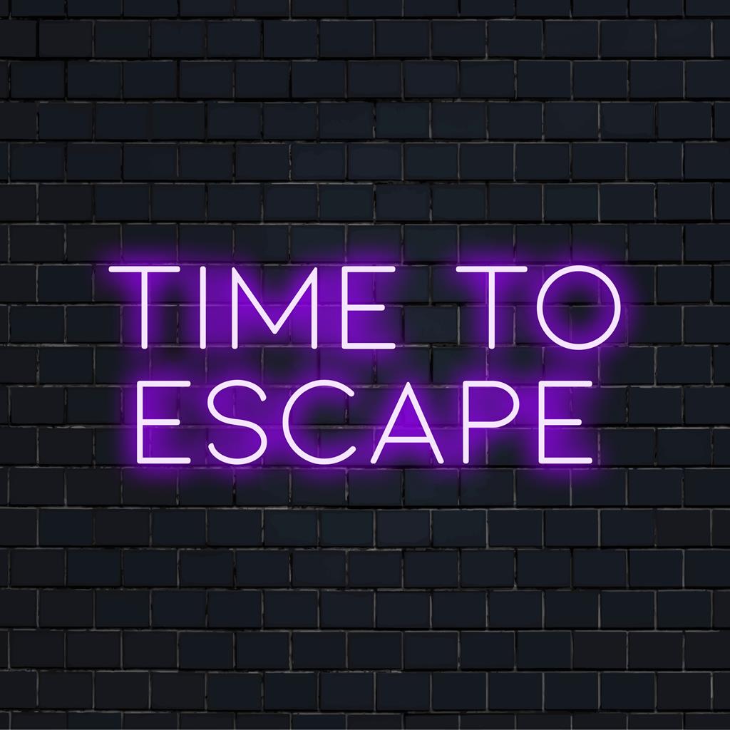 LED neon sign reading Time To Escape; versatile decor featuring vibrant lighting for any setting.