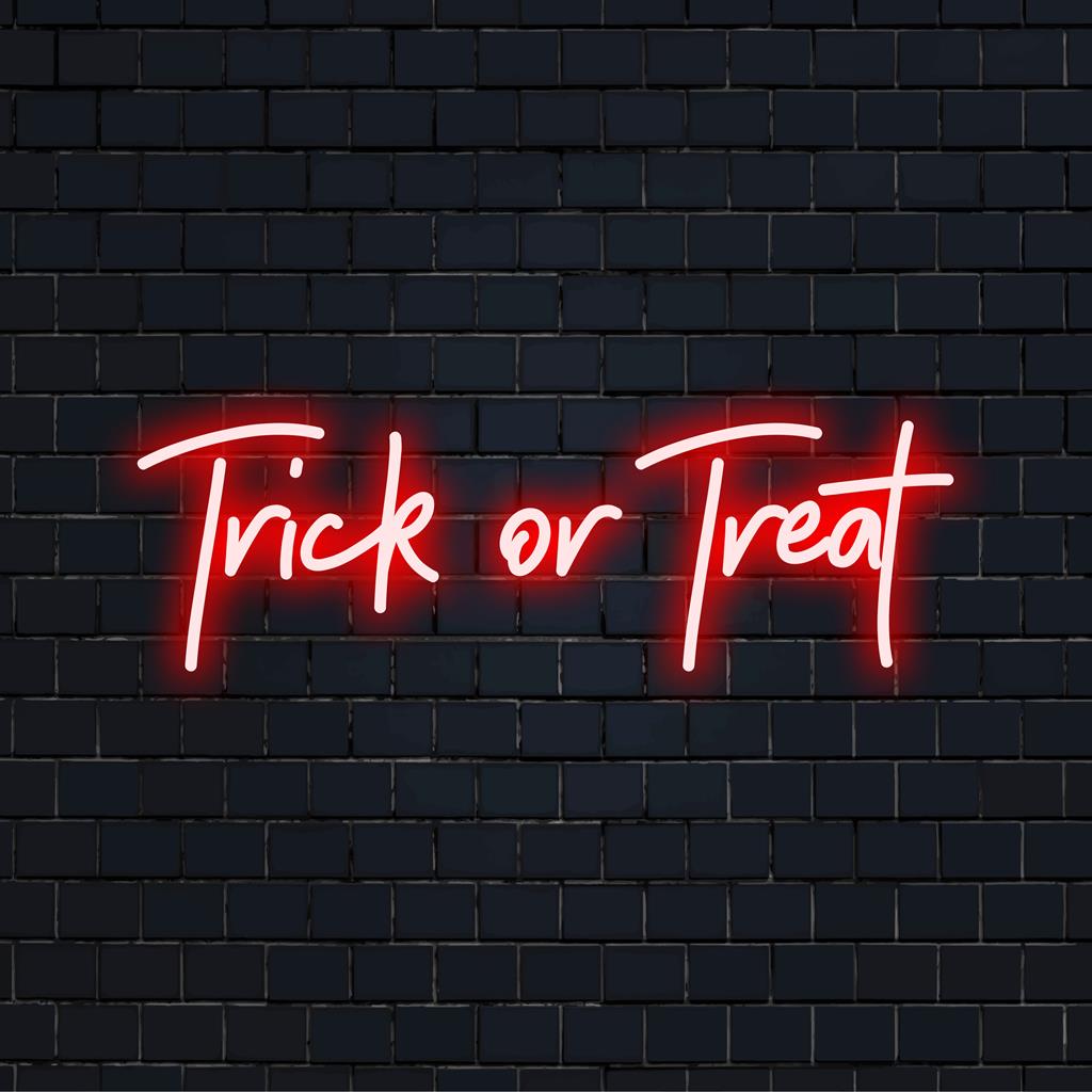 Vibrant Trick or Treat LED neon sign casting lively colors, perfect for festive decor and personalized neon ambiance.