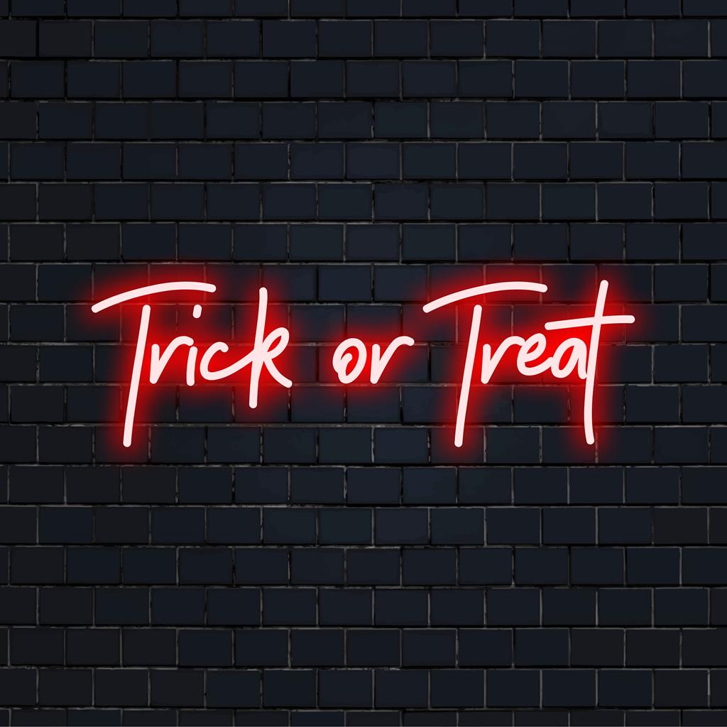 Leuchtendes „Trick or Treat“-LED-Neonschild in lebendigen Farben, perfekt für festliche Dekoration und eine individuelle Neonatmosphäre.