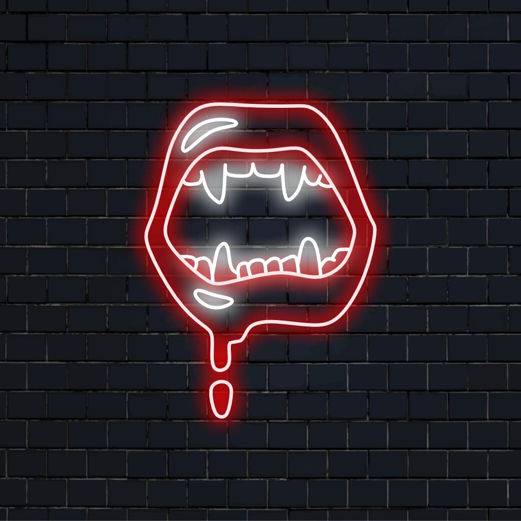 „Vampire Lips Neon Sign“ mit sinnlichem Glanz, der eine faszinierende Atmosphäre der Verführung und des Mysteriums schafft.