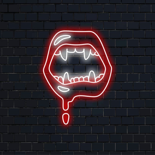 „Vampire Lips Neon Sign“ mit sinnlichem Glanz, der eine faszinierende Atmosphäre der Verführung und des Mysteriums schafft.