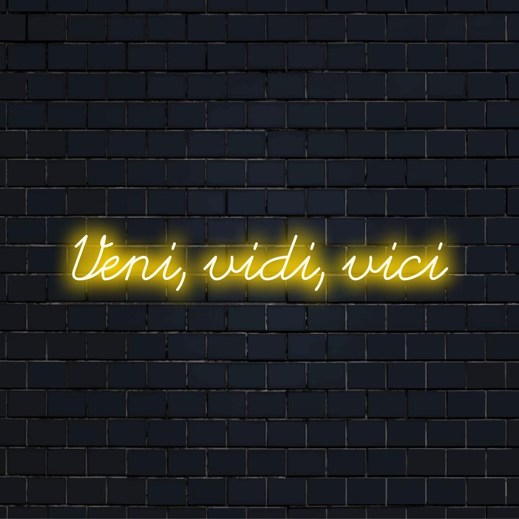 Individuelles LED-Neonschild mit Veni, Vidi, Vici, perfekt, um jeder Umgebung eine einzigartige Note zu verleihen.