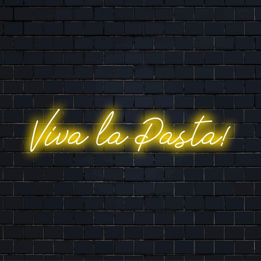 Custom LED neon sign spelling Viva La Pasta! in vibrant colors; adds a fun and lively touch to any decor setting.