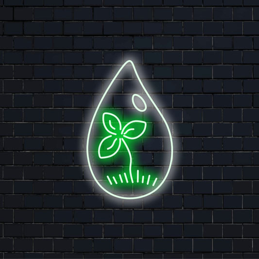 „Wassertropfen und Spross mit Blättern – Neonschild“ ist eine von der Natur inspirierte und erfrischende Ergänzung für Ihr Interieur. Ein Neonlicht, das die Essenz von Wachstum und Vitalität einfängt.