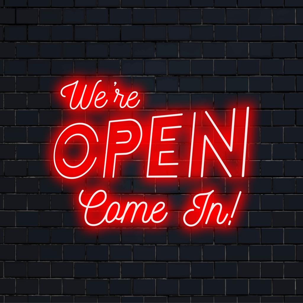 Farbenfrohes, individuelles LED-Neonschild mit der Aufschrift „Wir haben geöffnet, kommen Sie herein!“. Ideal für Geschäfte, Cafés und mehr. Perfekter Neon-Dekor-Akzent.