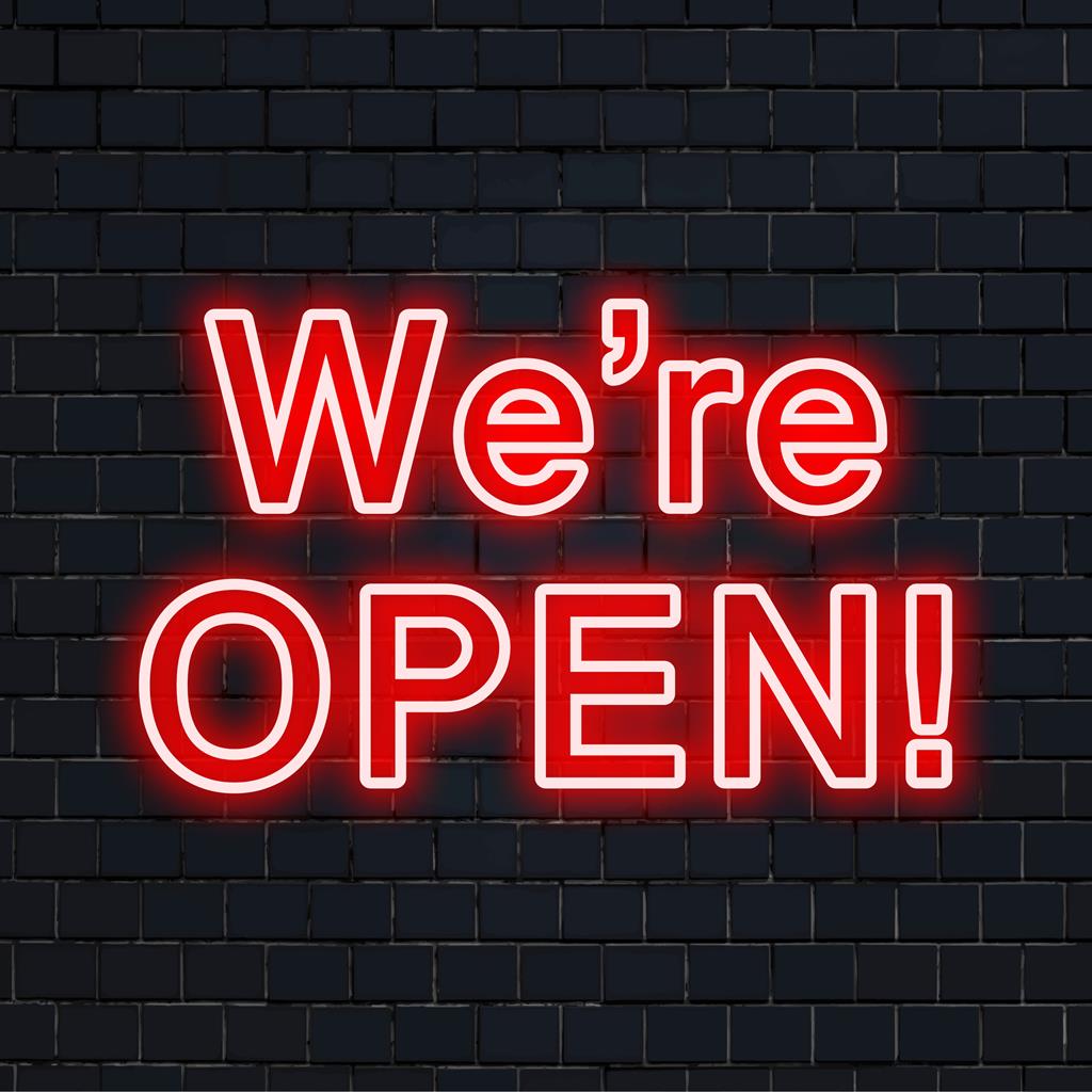 Vibrant We're Open! LED neon sign; ideal as eye-catching neon light decor for any business or store entryway.