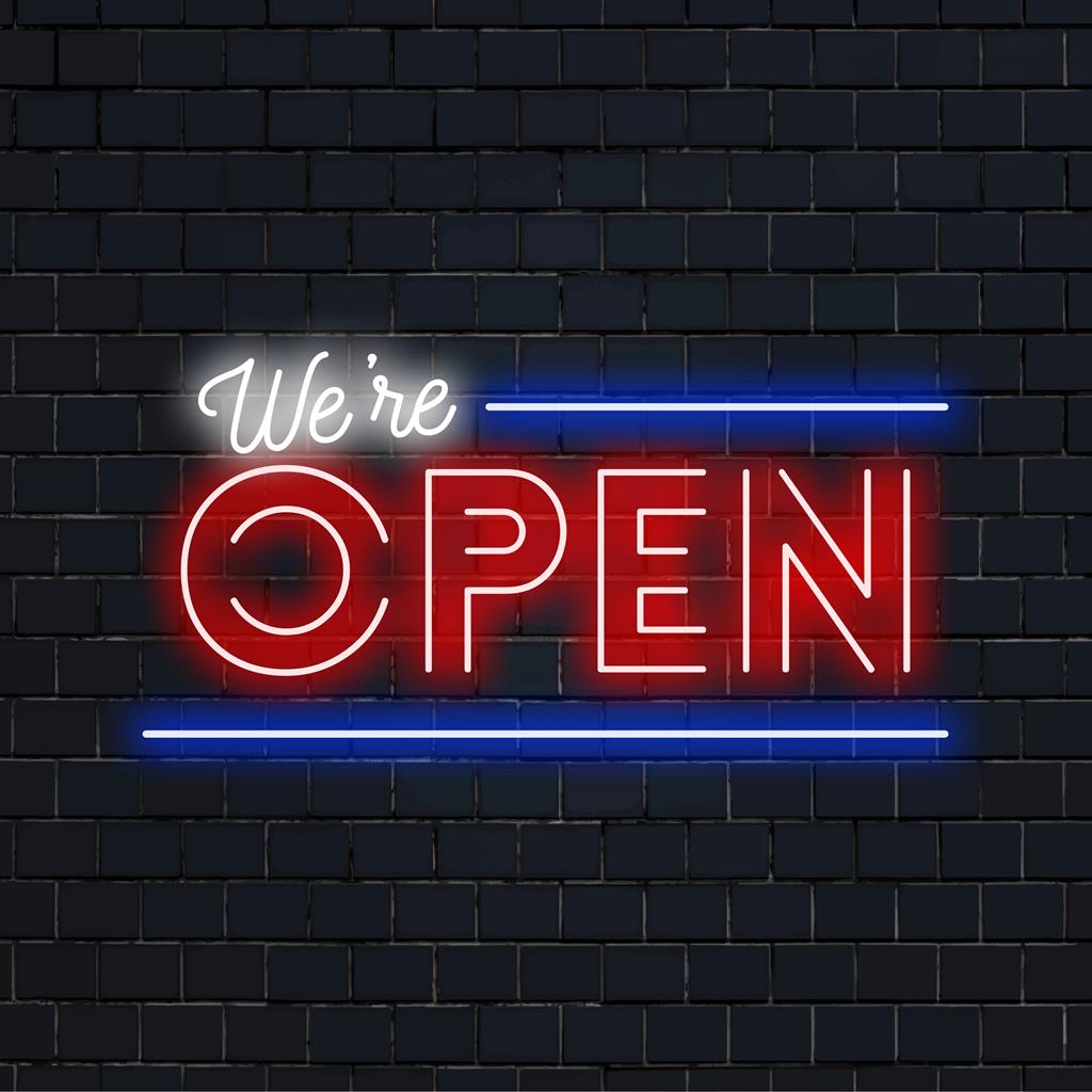 Anpassbares LED-Neonschild „Wir haben geöffnet“; ideal für Willkommensdisplays. Neonlichtdekor zur Aufhellung jedes Geschäftsraums.