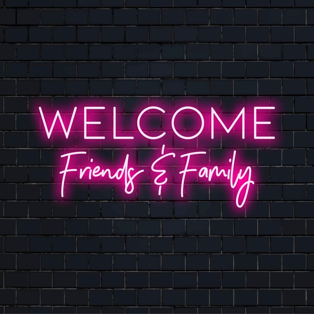 Individuelles LED-Neonschild mit der Aufschrift „Willkommen, Freunde, Familie“; perfekt, um jedem Raum eine persönliche Note zu verleihen. Neonlicht-Dekor.