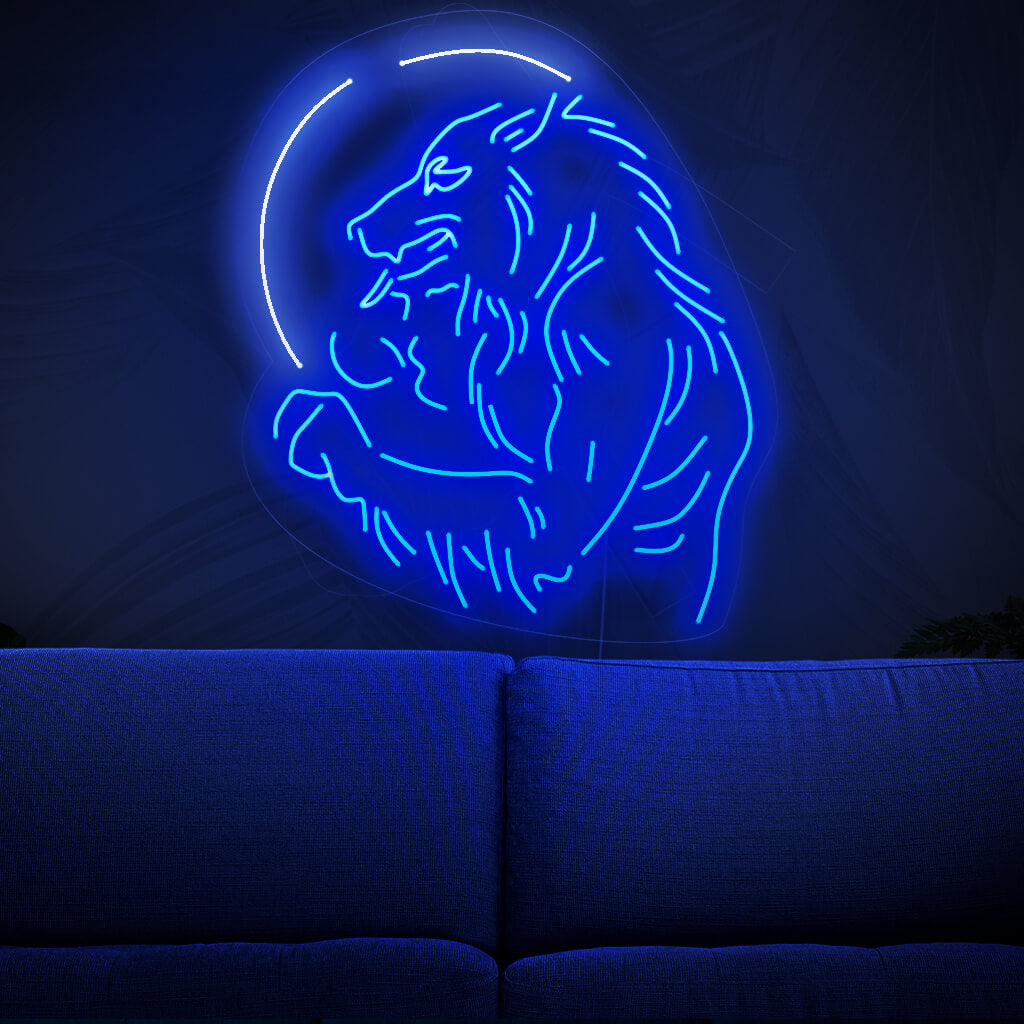 Ein beleuchtetes Neonschild mit der Silhouette eines Werwolfs vor dem Hintergrund eines Vollmonds, das ein Gefühl von Geheimnis hervorruft und jedem Raum einen Hauch von Halloween-Charme verleiht.