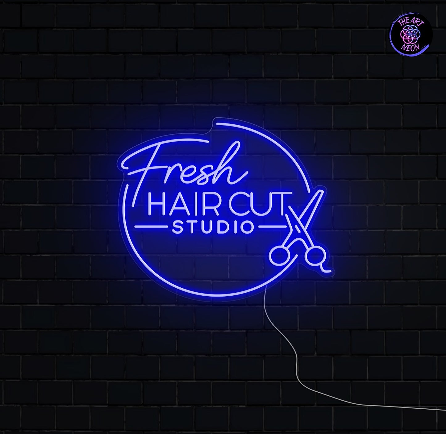 Räätälöidyt LED-neonkyltit – Fresh Hair Cut Studio & sakset 170 × 58 cm + 60 × 50 cm