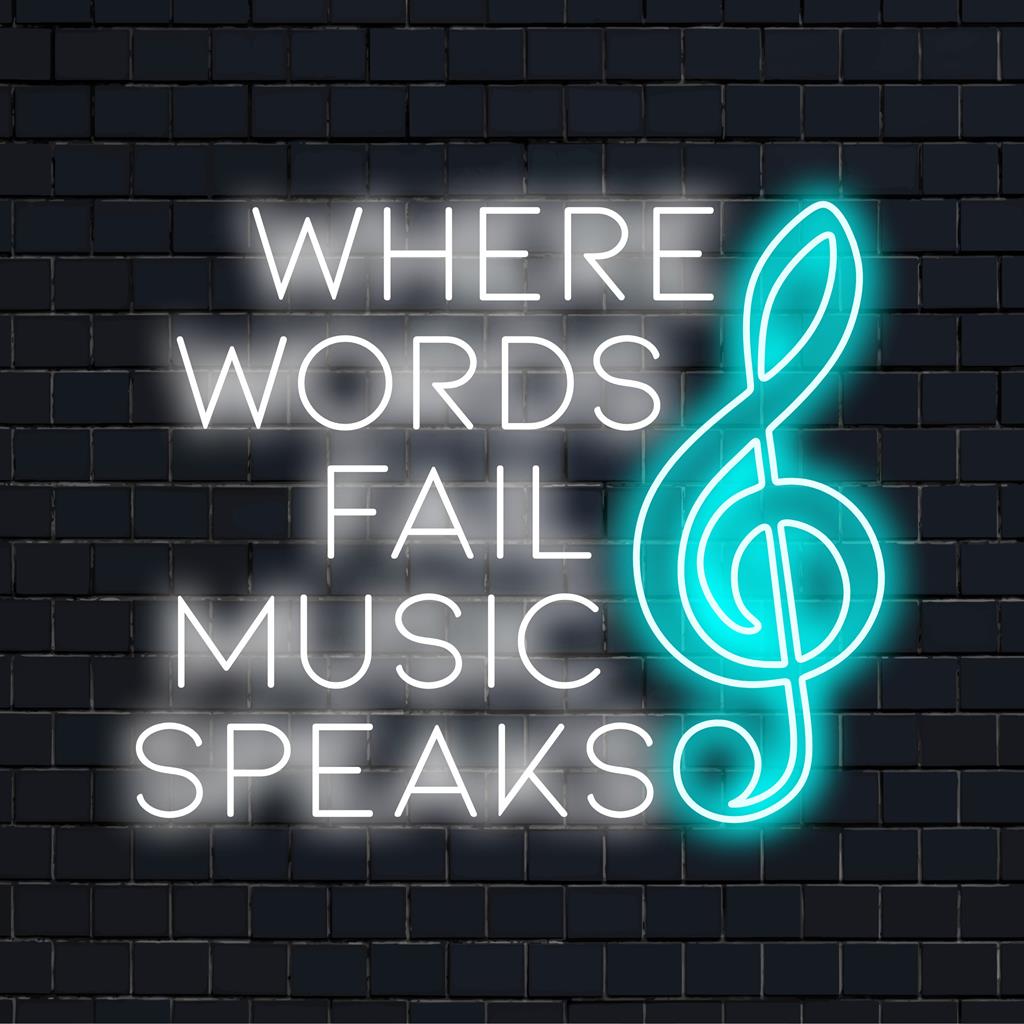 Illuminated message in glowing LED lights: Where Words Fail Music Speaks. A captivating neon sign with deep, expressive design.