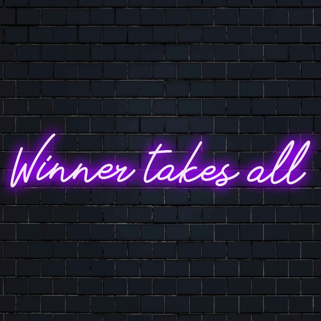 LED-Neonschild mit der Aufschrift „Winner Takes All“ in kräftigem Weiß, lebendigem und kraftvollem Leuchten, das jedem Raum Energie verleiht.