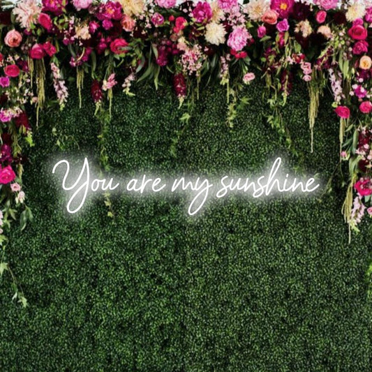 Custom LED neon sign the reads You Are My Sunshine in bright yellow; adds warm, personalized touch to your space.