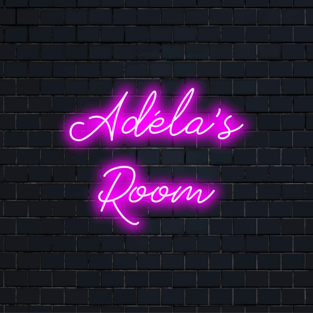 Adela_s Room Custom Name Neon Sign, soft neon glow on dark brick background