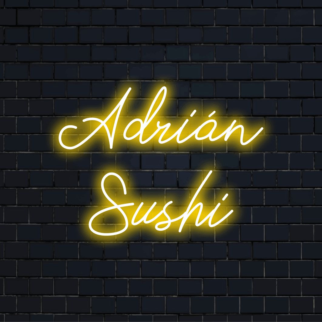 Adrian Sushi Personalized LED Neon Sign, glowing neon text on black brick background