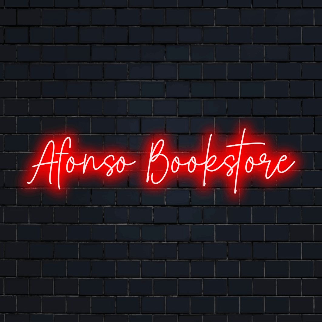 Afonso Bookstore Personalized LED Neon Sign, bright neon glow on black brick background