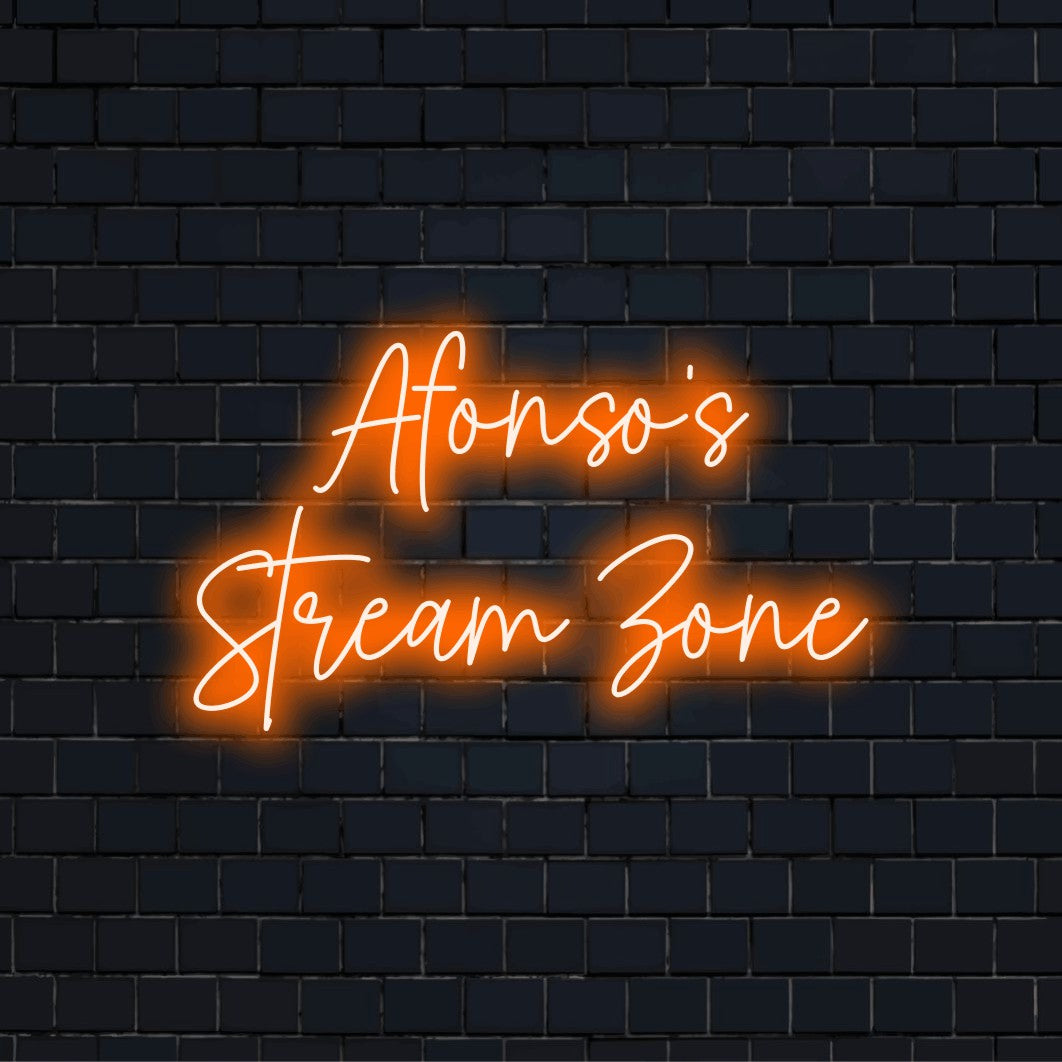 Afonso_s Stream Zone Custom Name Neon Sign, soft neon glow against black brick wall