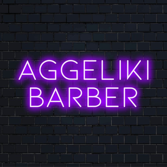 Aggeliki Barber Custom Name Neon Sign, glowing wall decor on dark brick background