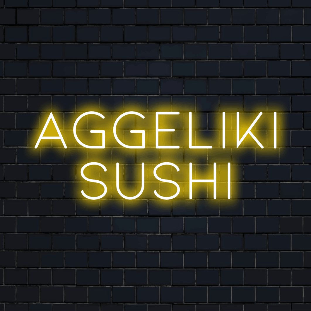 Aggeliki Sushi Personalized Neon Light with soft neon glow against brick backdrop