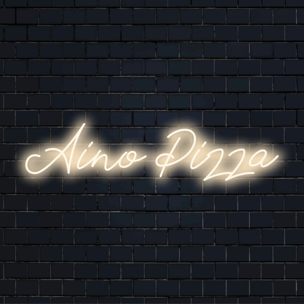 Aino Pizza Custom Name Neon Sign, neon text light against brick backdrop