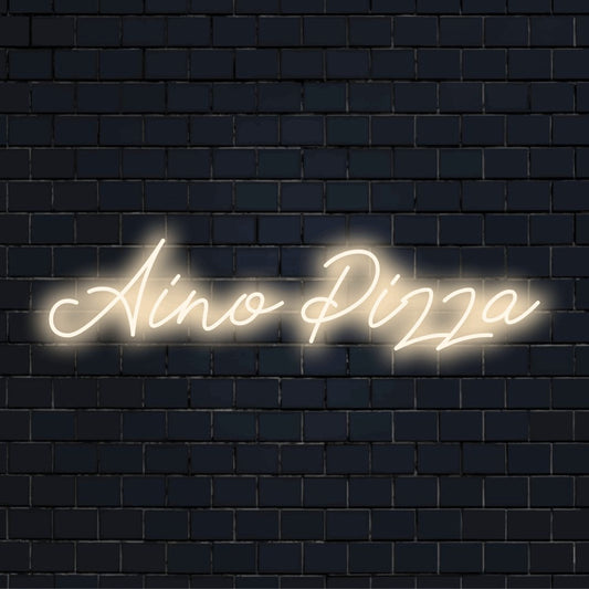 Aino Pizza Custom Name Neon Sign, neon text light against brick backdrop