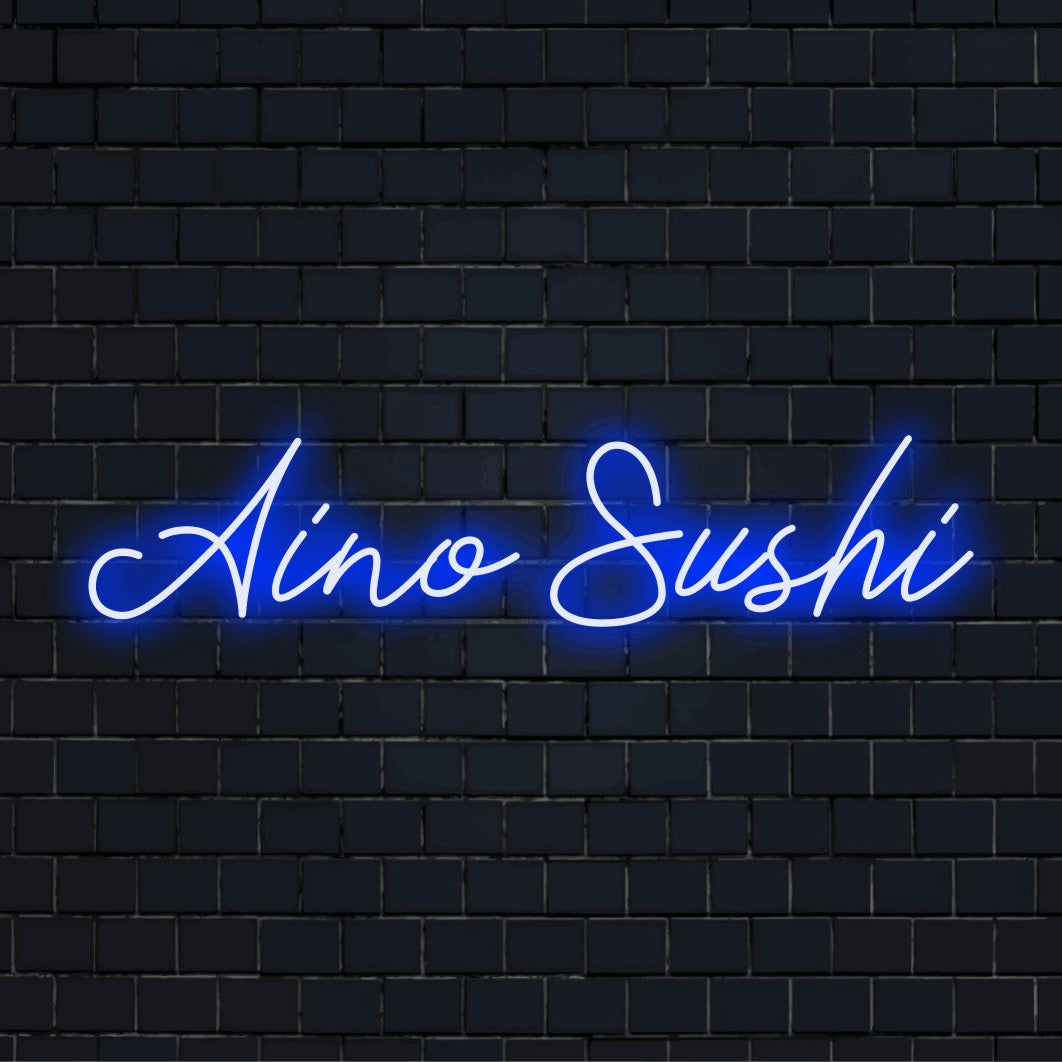 Aino Sushi Personalized LED Neon Sign, glowing wall decor on dark brick background