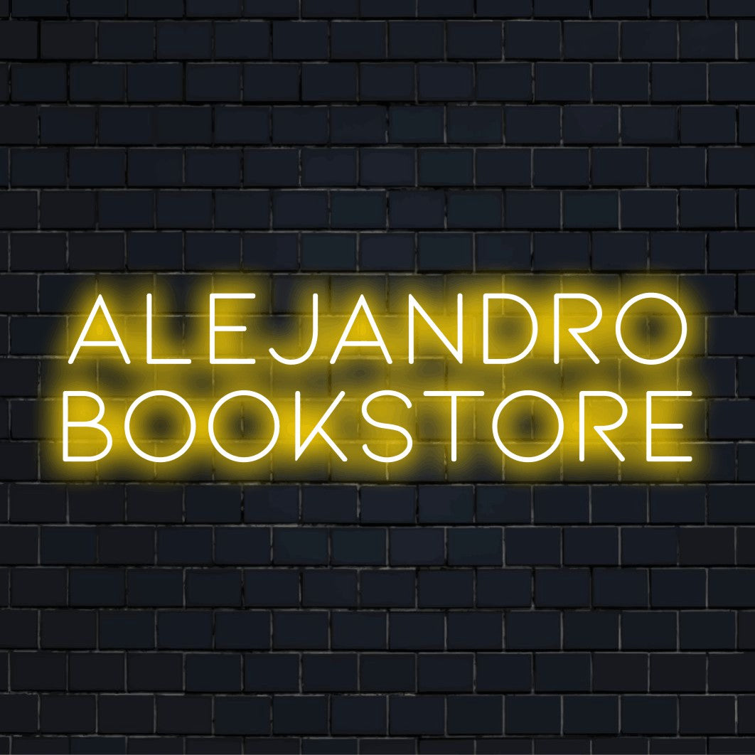 Alejandro Bookstore Custom Name Neon Sign, glowing wall decor on dark brick background