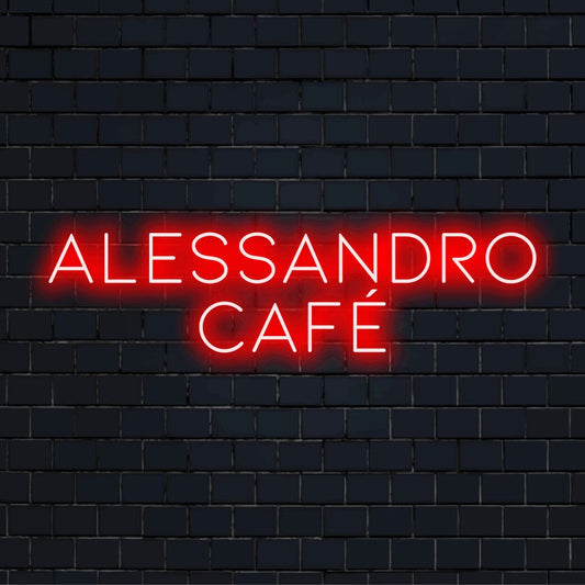 Alessandro Cafe Personalized Neon Light with soft neon glow against black brick wall