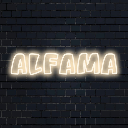 Alfama LED Neon Sign, neon text light on black brick background
