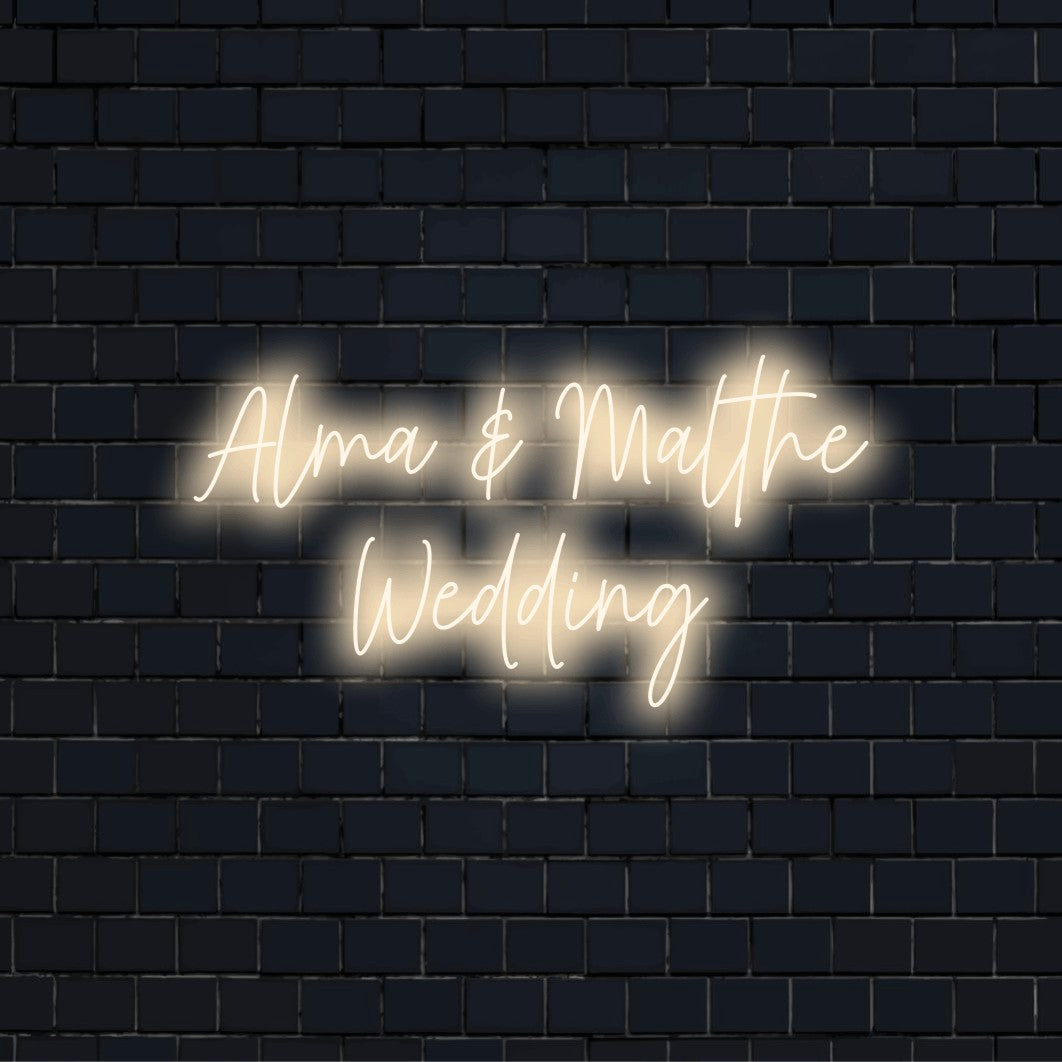 Alma _ Malthe Wedding Custom Name Neon Sign, glowing wall decor against brick backdrop