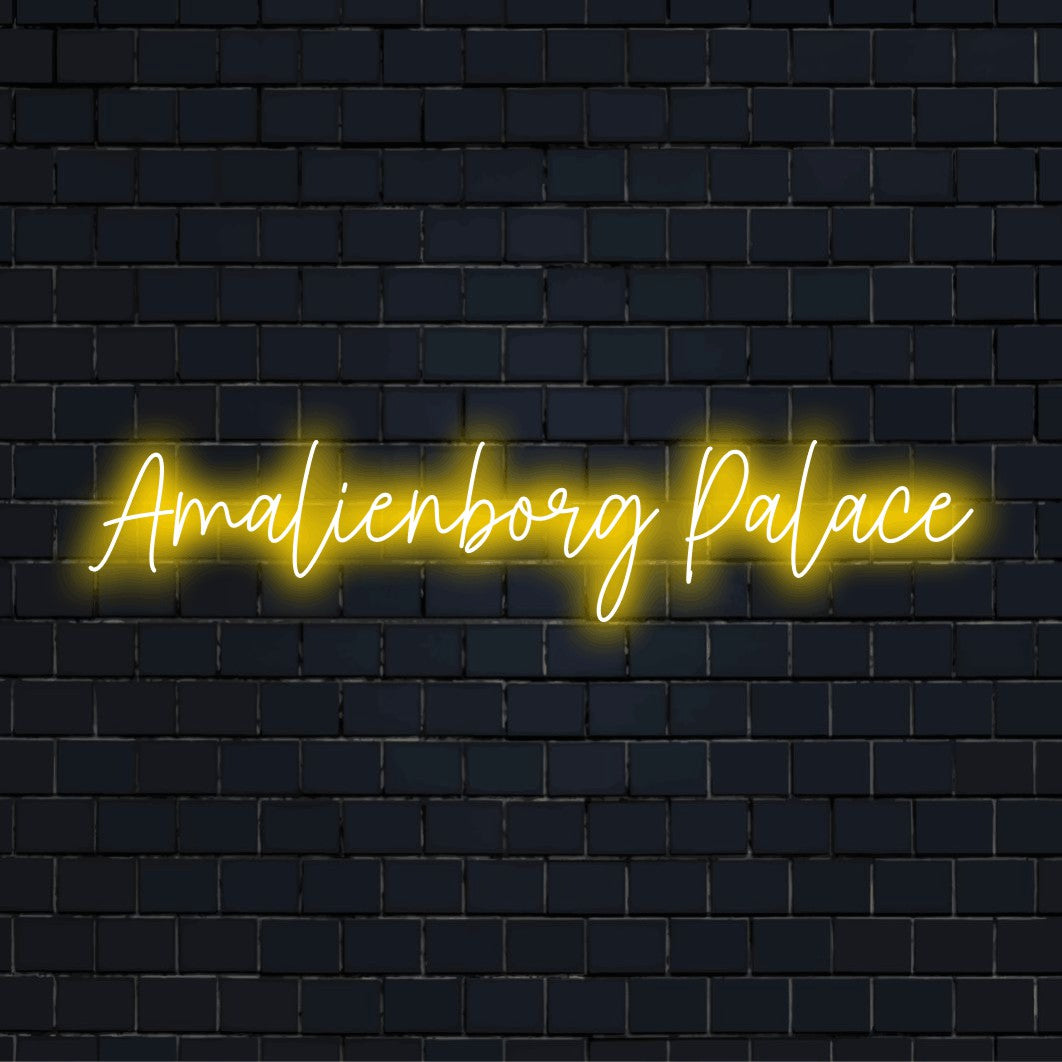 Amalienborg Palace Neon Light with glowing lettering on dark brick wall