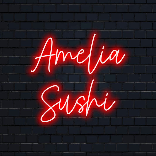 Amelia Sushi Custom Name Neon Sign, glowing lettering on dark brick wall